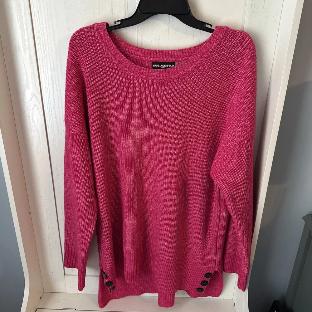 Karl Lagerfeld Paris Fuchsia Ribbed Tunic Pullover Sweater Side Buttons Size XL